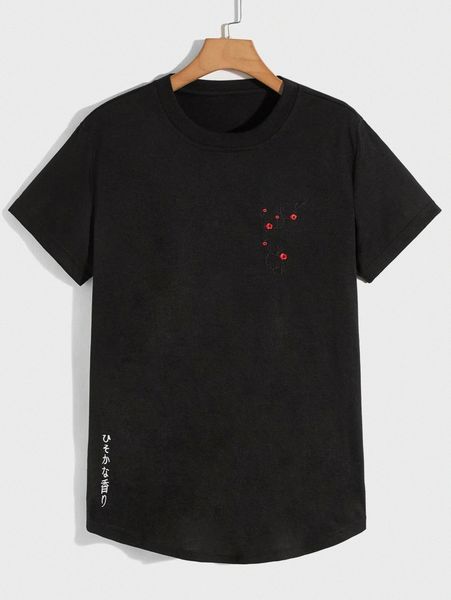 

men floral & japanese letter embroidery curved hem tee q4ft#, White;black