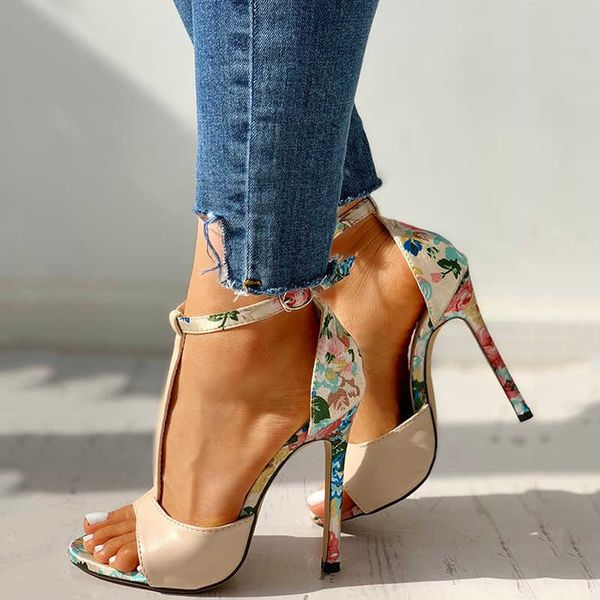 Mulheres Sexy T-Strap Floral Impressão Sandálias Verão Moda Super Alto Salto Alto Toe Gladiador Sapatos Mulher Festa Bombas Borbulados X0526