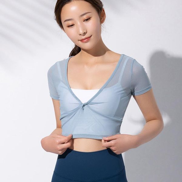 

yoga outfit summer 2021 breathable mesh sports shirt slim running training short sleeved beauty back quick dry fitness t-shirt