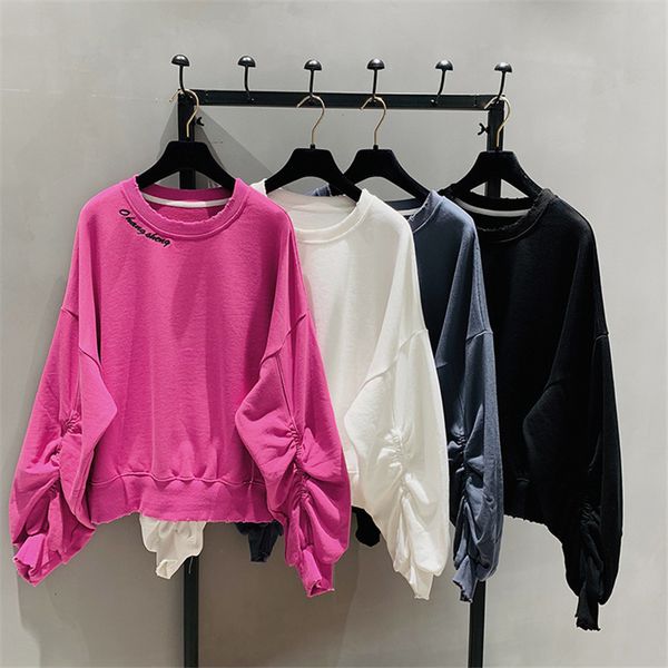 

women's hoodies & sweatshirts solid cotton sleeve plied cropped plain female sweatshirt fashion pullovers autumn korean trend bf casual, Black
