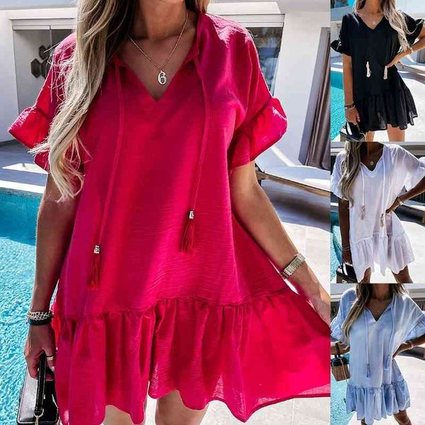 Verão saia solta vestidos para mulheres senhoras plissadas babados lace up v pescoço de manga curta céu azul boho mini 210514