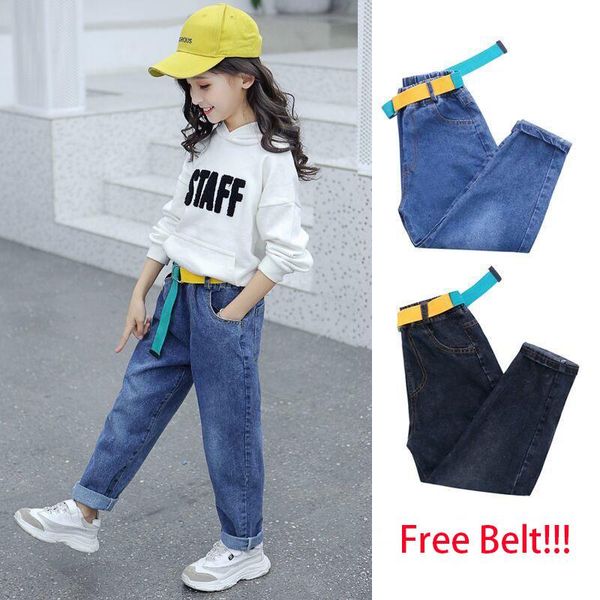 

girls jeans 2021 autumn warmed fashion elastic waist pants kids skinny teens pencil casual trousers 2-13 year, Blue