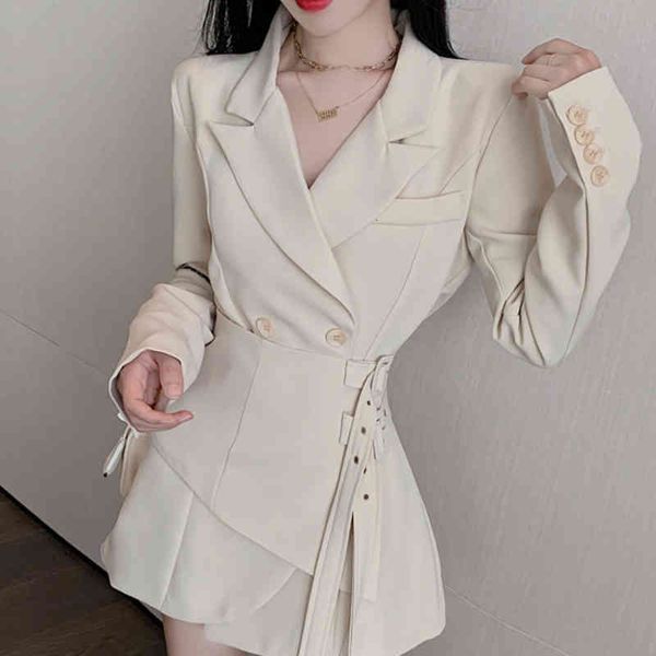 

casual dresses [ewq] korea chic autumn simple trendy women lapel tie wide loose fashion office apricot long-sleeved suit dress 16e1927 th1t, Black;gray