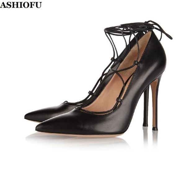 

dress shoes ashiofu classic handmade women's high heel pumps shoelace ankle strap party prom pointed toe evening court, Black