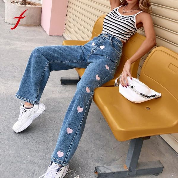 

women jeans 2021 spring heart embroidery streetwear high waist wide leg long pants vintage casual baggy straight denim trouser women's, Blue