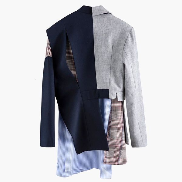 

suits irregular striped blazers for women notched long sleeve patchwork plaid hit color coats female 2021 autumn clothing, White;black
