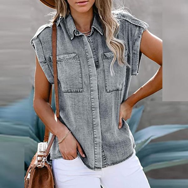 

women's blouses & shirts women summer big pockets slim fit classic denim style solid casual female sleeveless vintage streetwear blous, White