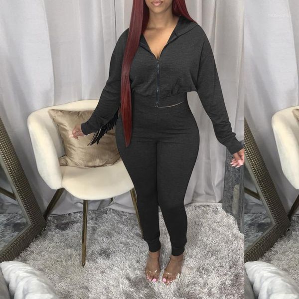 

meihuida 2021 fashion women's clothing set, back tassel zipper hooded and pants two-piece suit for vacation party sports tracksuits, Gray