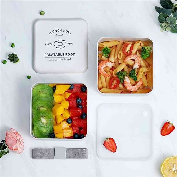Lebensmittelbehälter, Lunchbox, Bento-Essstäbchen, einfach, 2 Schichten, Salat, tragbar, japanischer Stil, mikrowellengeeignet, mit Löffel 210423