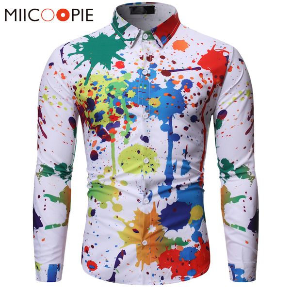 

graffiti print shirt men autumn casual long sleeve floral chemise homme slim fit mens dress shirts streetwear kg-26, White;black