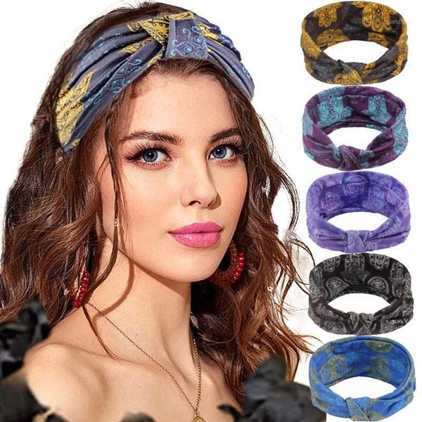 

cross knot print hair bands turban bohemian wide women headband bandage elastic stretch female head band accessories1