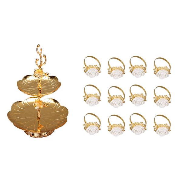 

12pcs resin rose white napkin ring with gold plate metal mini cake stand sweet luxury fruit nut tray rings