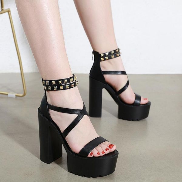 

vintage punk shoes rock gothic white sandals women sandalias gladiador mujer chunky high heels gladiator ljb84, Black