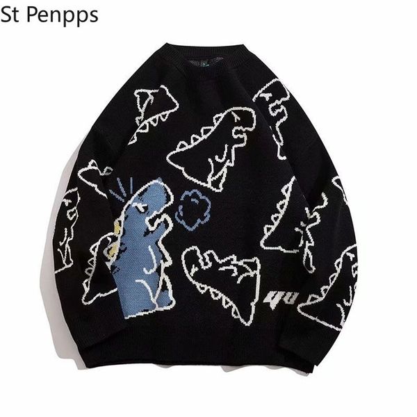 

sweater men harajuku fashion knitted hip hop streetwear dinosaur cartoon pullover oversize casual couple o-neck vintage sweaters 211221, White;black