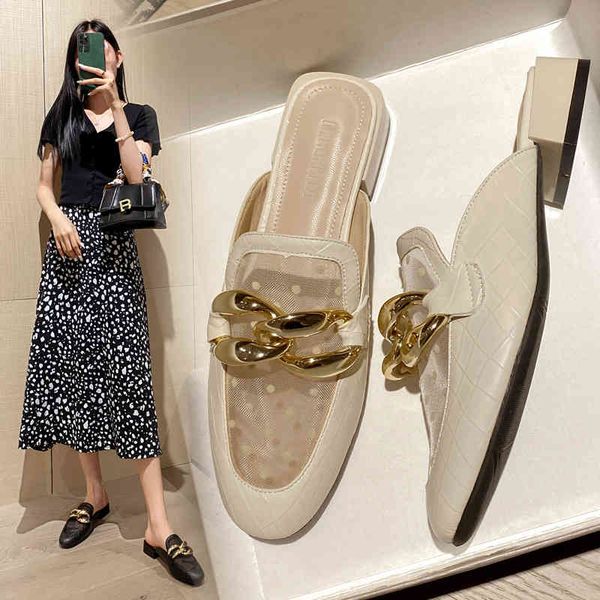 

size 33~43 women shoes mules summer female pu leather weave mesh air low heel brand design gold chain slides slippers 210520, Black