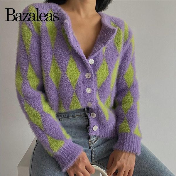 

women's sweaters bazaleas center buttons long sleeve women sweater punk green purple tartan patchwor knitted cardigan, White;black