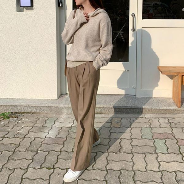 

two piece dress sets spring autumn long sleeve knitted hoodies coat and wide legs pants korean women basic 2 pieces causal suits, White
