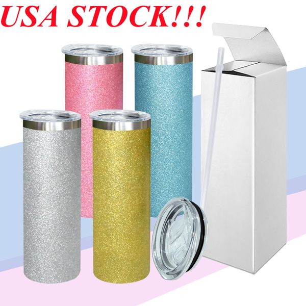 Armazém Local !!! Sublimação 20oz Glitter reto Tumbler Glitter Power Skinny Tumblers Áspero Caneca De Superfície Dupla Vacuum Walled Insulado Cup