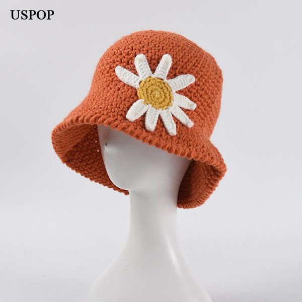 

women bucket hats winter cute flower hand crochet knitted wide brim, Blue;gray