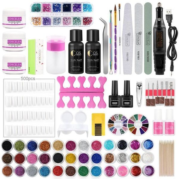 

pro acrylic kit nail manicure set with liquid glitter powder uv gel drill machine tips brush art tool kit1