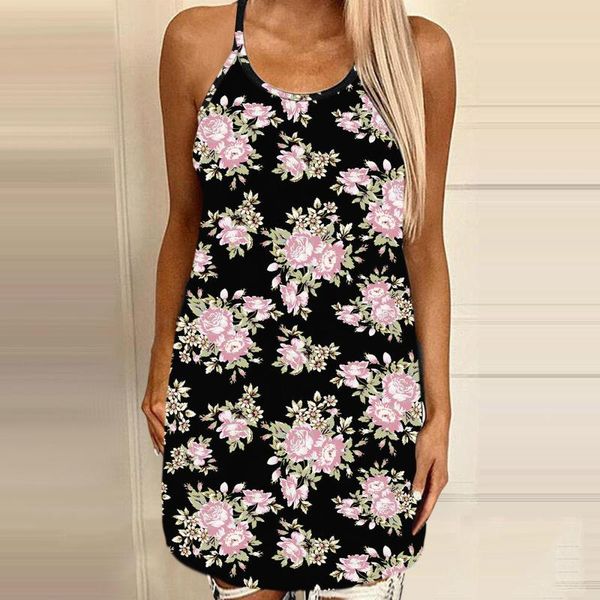 

casual dresses women summer 2021 sleeveless v neck floral print boho beach dress loose backless mini wrap sundress vestidos, Black;gray