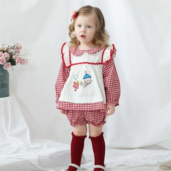 

spring baby girls cartoon grid long sleeve dresses children kids girl princess clothing + shorts 210521, Red;yellow