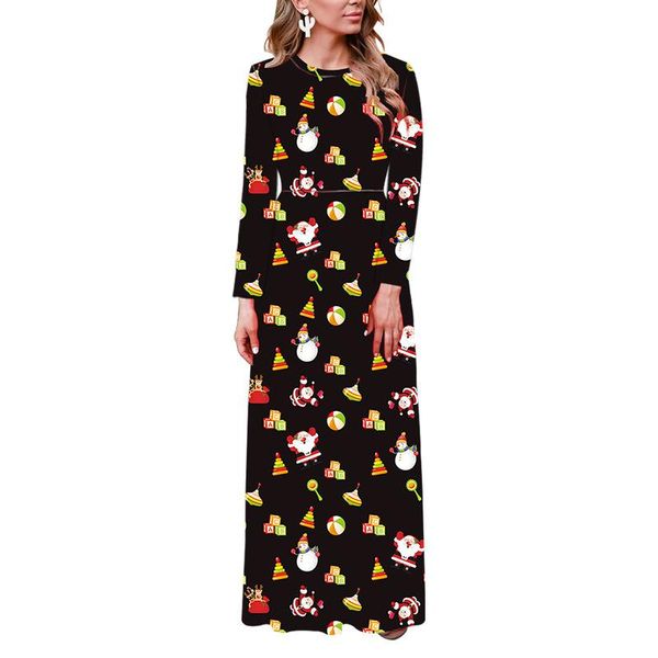 

casual dresses year woman christmas party long bohemia o-neck women cartoon xmas print maxi dress autumn winter clothes robe, Black;gray