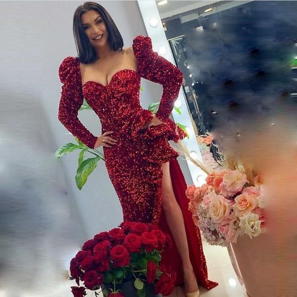

party dresses red sparkly sequined prom with sweetheart long sleeves high side split evening dress mermaid women gowns, White;black