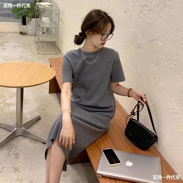 

lazy style t-shirt skirt summer korean loose medium length slim casual short sleeve dress, Black;gray