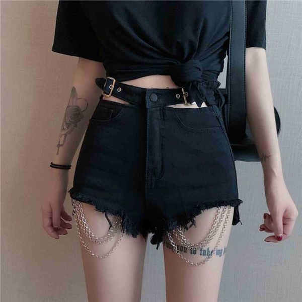 

vintage gothic black hole chain womens shorts denim spring summer harajuku female grunge punk hip hop jeans, White;black