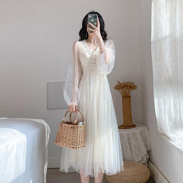 

casual dresses women's fashion korean design spring french retro fairy gauze dress cottagecore gentle lady's two-piece female night, Black;gray