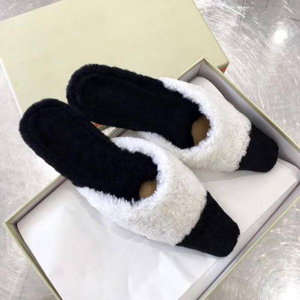 

natural sheep fur slippers fashion female winter women warm white and black soft wool lady home shoes