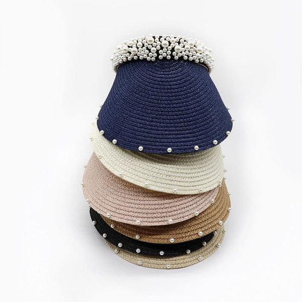 

Summer Women's Pearl Headband Hairpin Hat Sunscreen Sun Hats Packable Visor Beach Uv Protection Female Cap Wide Brim, Blue;gray