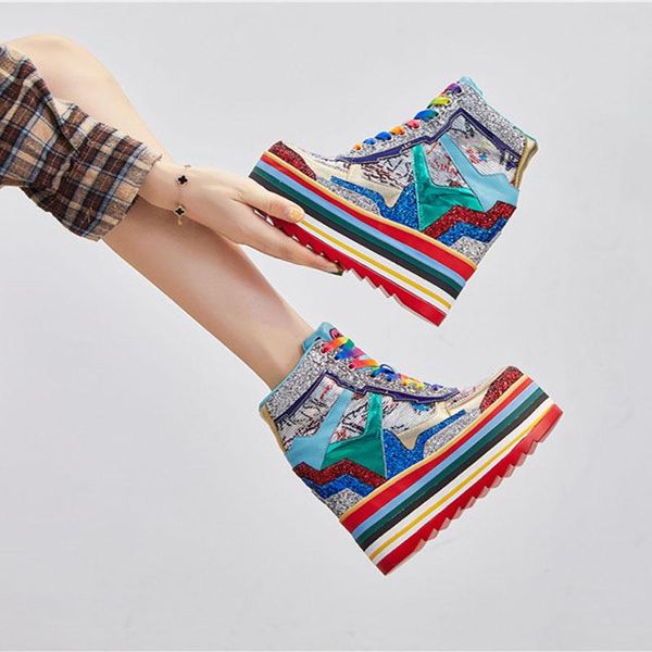 

boots women's super high heels 12cm increased heel ankle platform lace up casual mixed color wedge shoes b33, Black