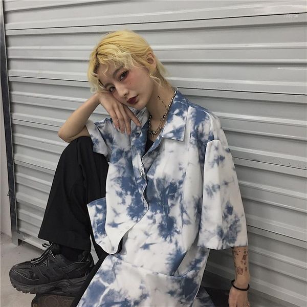 

women's blouses & shirts tie dye vintage hippie printed short sleeve summer loose blouse harajuku streetwear korean woman man casual co, White