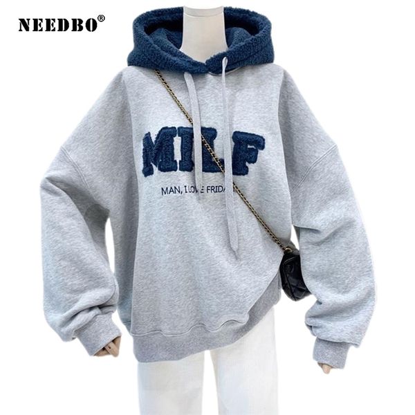 

needbo milf hoodies women's sweatshirts letter print lamb wool pullovers loose korean style jacket full sleeve casual 210803, Black