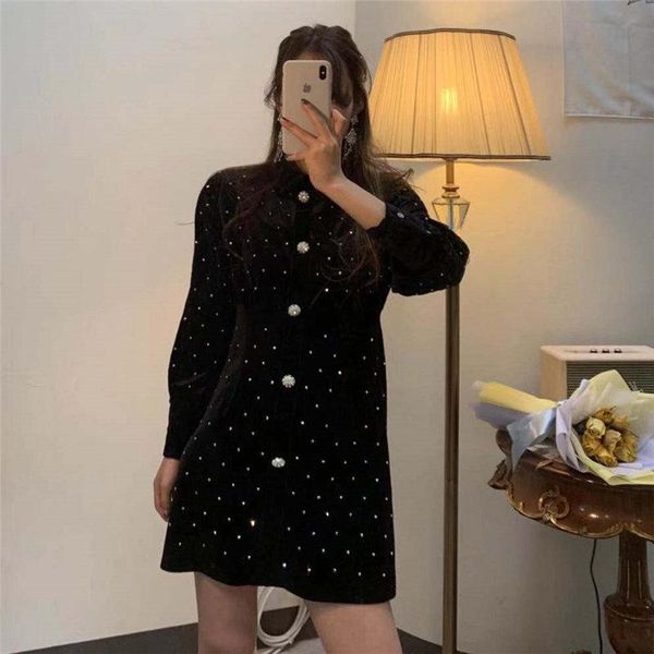 

casual dresses alien kitty 2021 black chic velvet vintage large size rhinestone gentle women a-line stylish office lady all-match mini dress, Black;gray