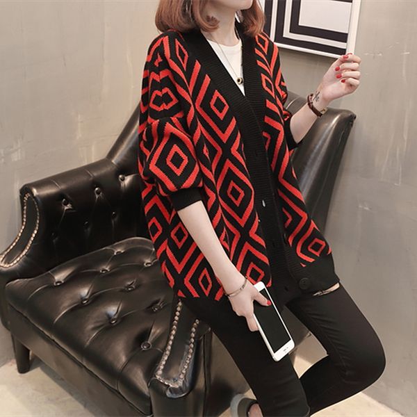 

new womens long sleeve button v-neck sweater coat spring and autumn loose thin plaid knitted cardigan coat, White;black