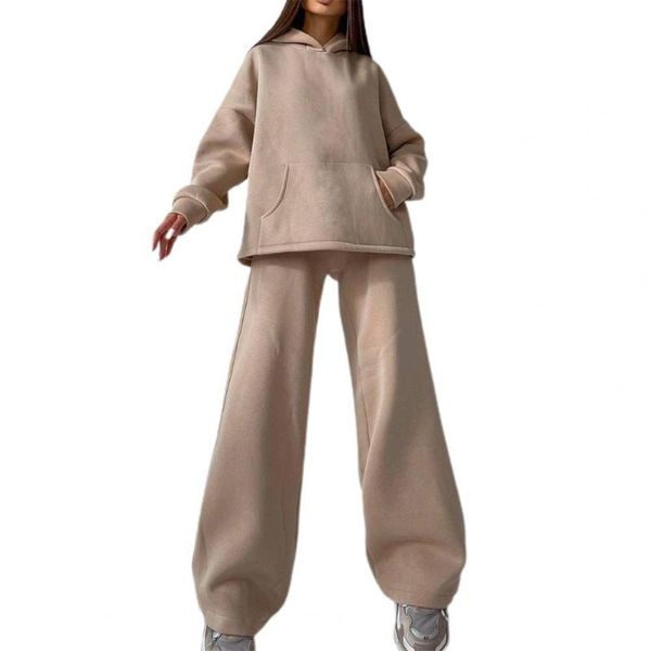 

women's two piece pants 1 set tracksuits sweatpants wide leg autumn winter warm hoodie elastic waist for sportwear, White