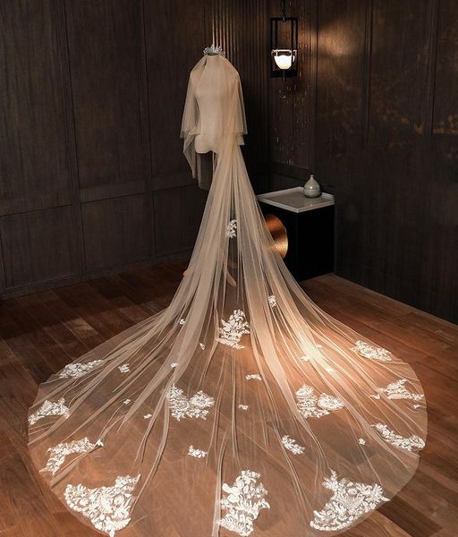

bridal veils luxury wedding veil 3 meters long ivory white branched applique one-layer bride in stock 2021, Black