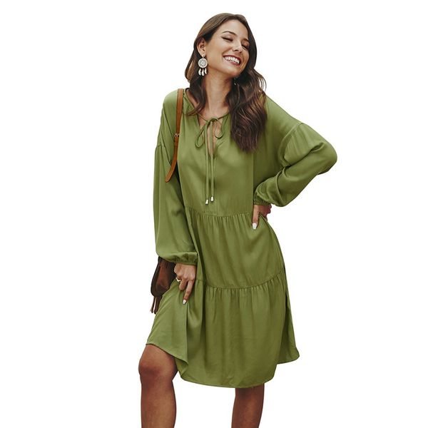 

spring summer women vintage dress long-sleeved tied wide loose female casual cotton v-neck plus size long es 210428, Black;gray