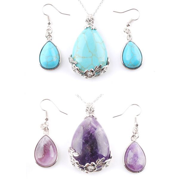 

wojiaer fashion woman christmas gift water drop necklace pendant earrings jewelry sets natural gem stone silver bq309, Black
