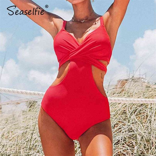 SEASELFIE Push Up Cut Out Costume da bagno sexy in pizzo rosso Costumi da bagno Donna Monokini Costume da bagno Costume da bagno Beachwear 210712