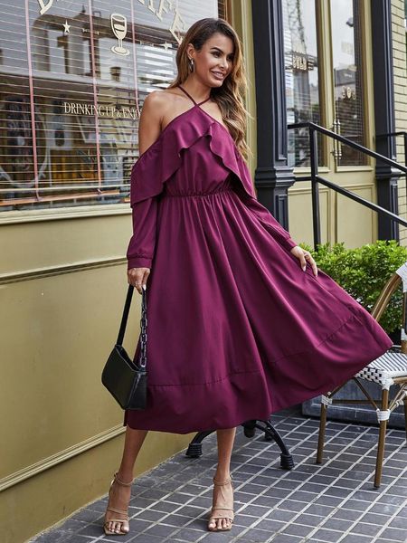 

spring autumn women halter neck strapless long-sleeved big posing dress casual dresses, Black;gray