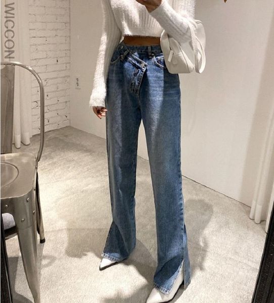 

women's jeans casual asymmetric high waist straight for women side split denim blue trousers female long pantalon femme