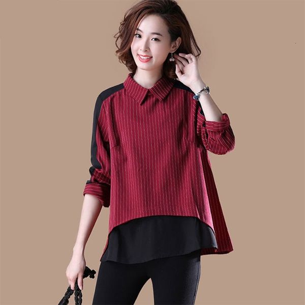 

t shirts spring autumn korea fashion plus size women clothing patchwork striped turn-down collar casual shirts femme loose blouse v249 zf1v, White