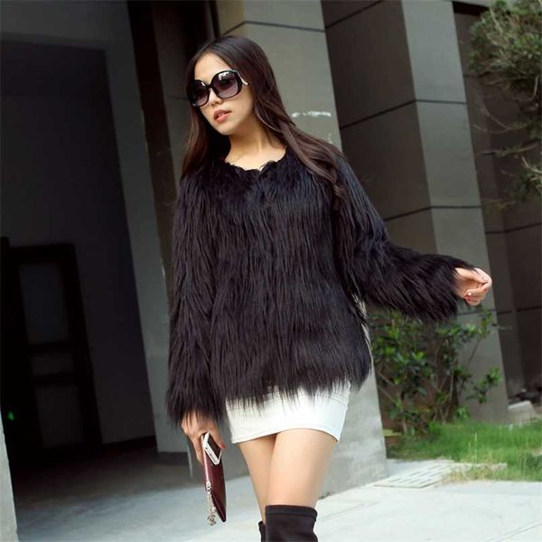 

winter imitation fur coat korean round collar short long sleeve women's winter women 211207, Black