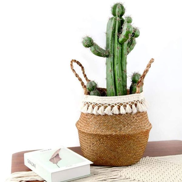 

handmade rattan basket flower pot portable with handle ellipse straw woven foldable fruit baskets storage