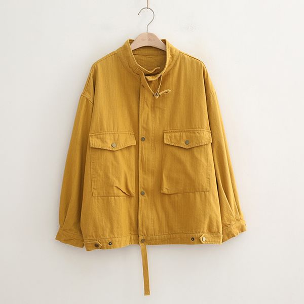 

women yellow green black denim jacket button pocket long sleeves turn down collar loose back letter jean coat c0209 210514, Black;brown