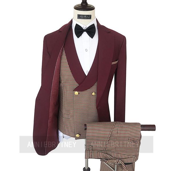 

men's suits & blazers custom made man groom marriage wedding suit burgundy blazer plaid vest pants 3 pieces formal business men prom pa, White;black